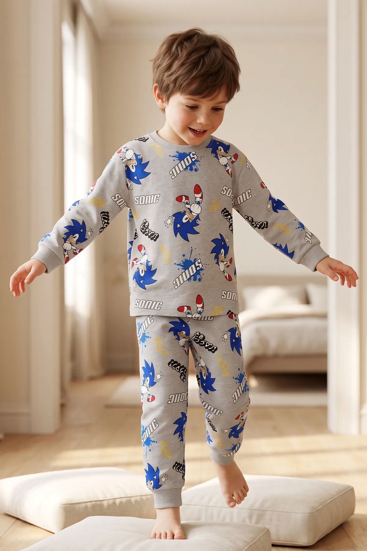 The Hedgehog Super Sonic Desenli %100 Pamuk Gri Renk Erkek Çocuk Pijama Takımı