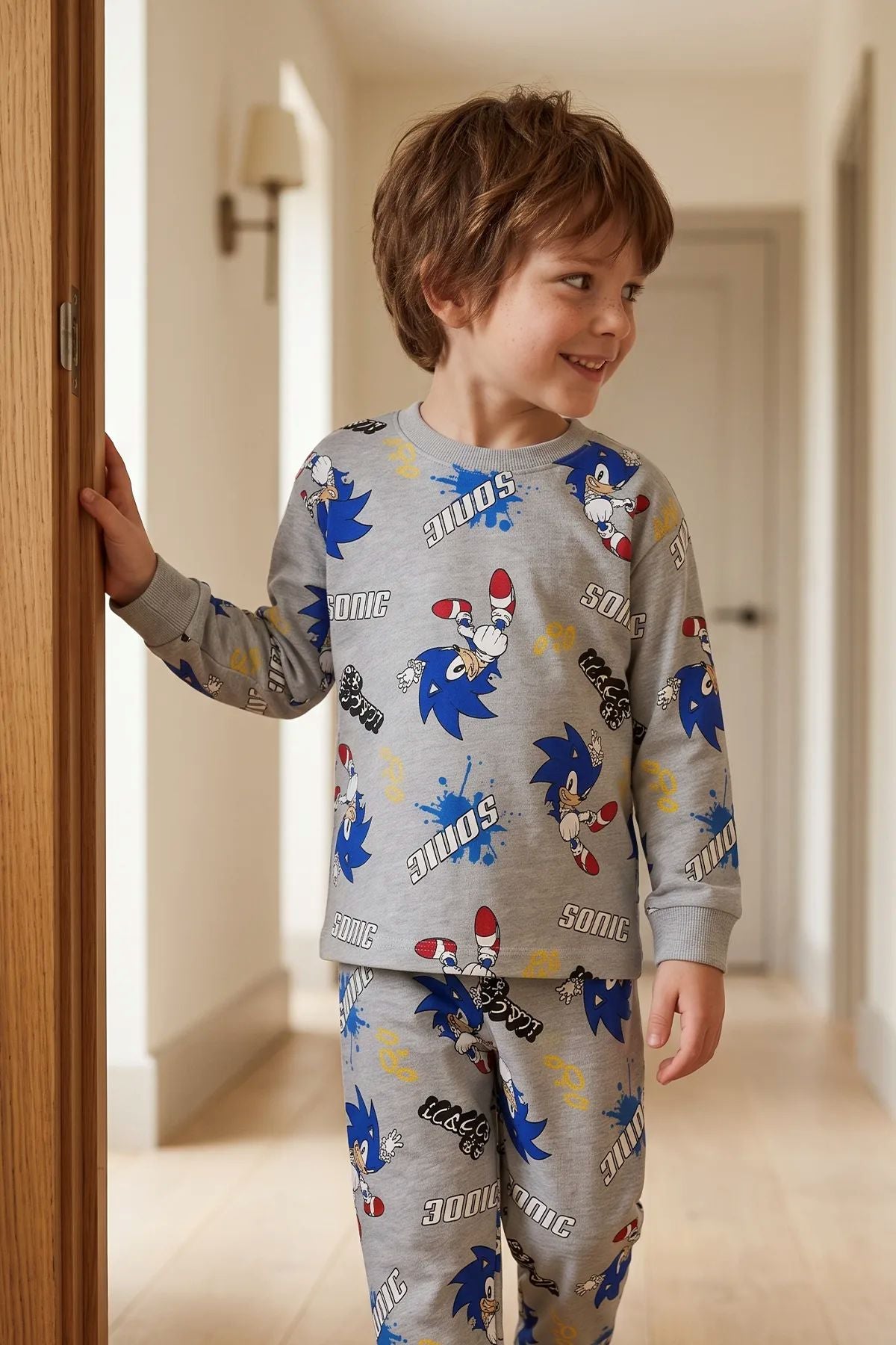 The Hedgehog Super Sonic Desenli %100 Pamuk Gri Renk Erkek Çocuk Pijama Takımı