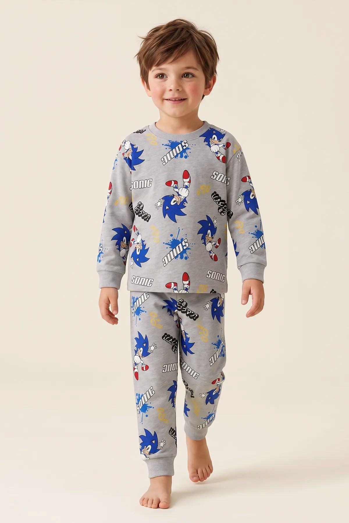 The Hedgehog Super Sonic Desenli %100 Pamuk Gri Renk Erkek Çocuk Pijama Takımı