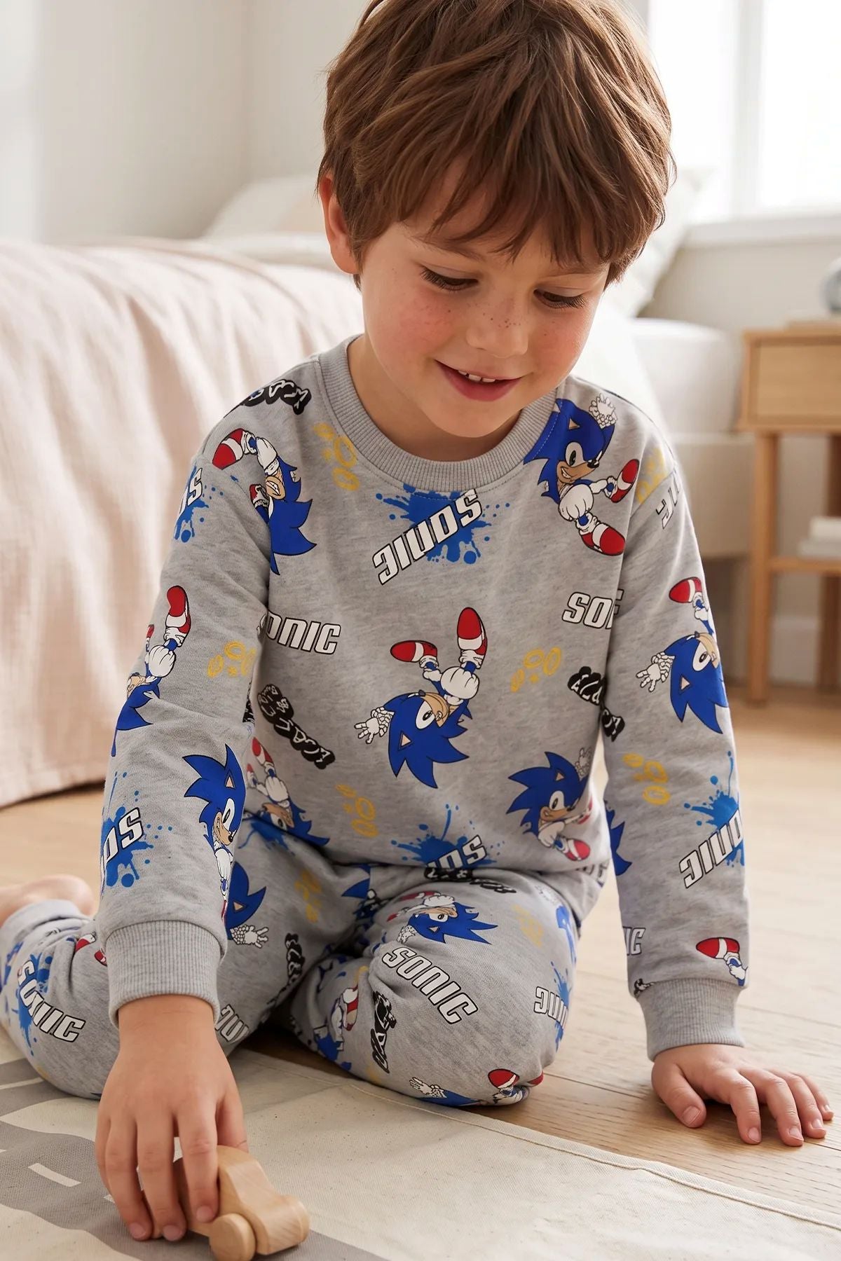 The Hedgehog Super Sonic Desenli %100 Pamuk Gri Renk Erkek Çocuk Pijama Takımı