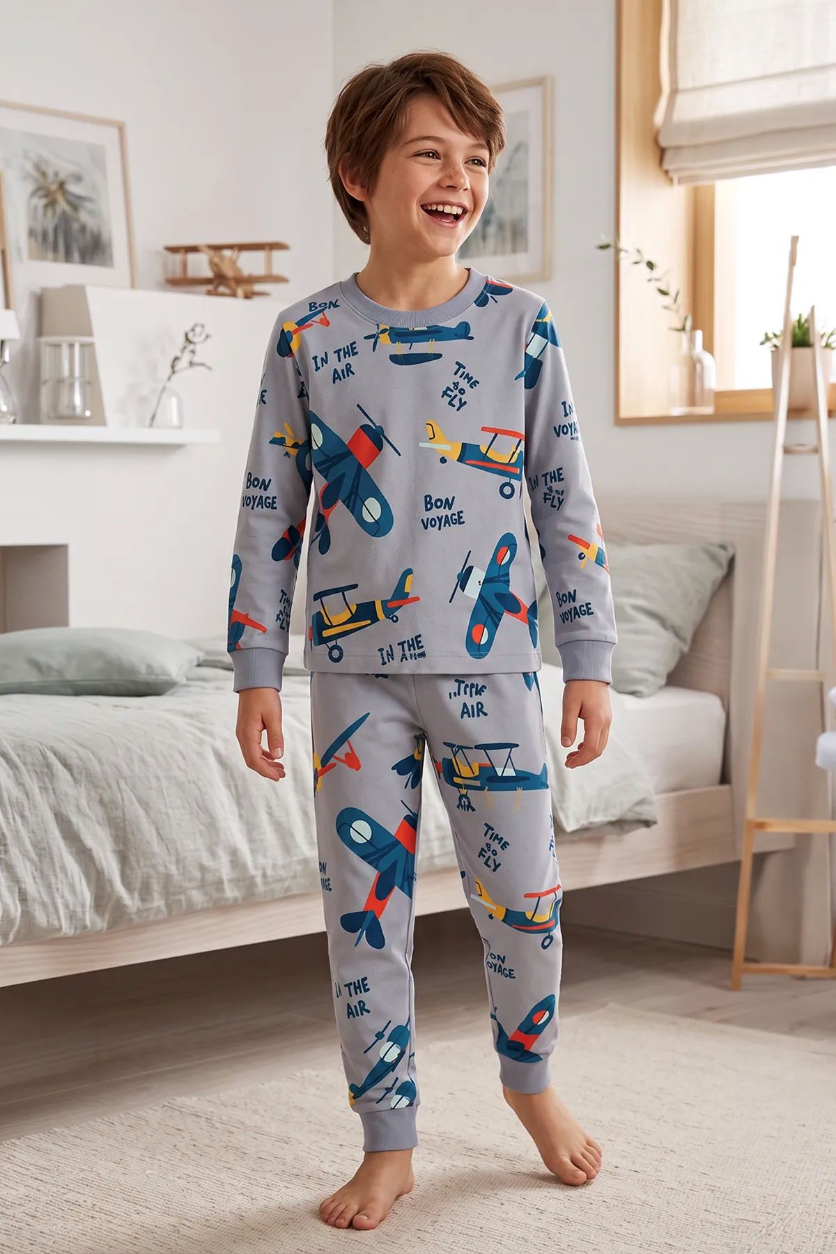Time To FLY Gri Renk Uçak Desenli Erkek Çocuk Pijama Takımı