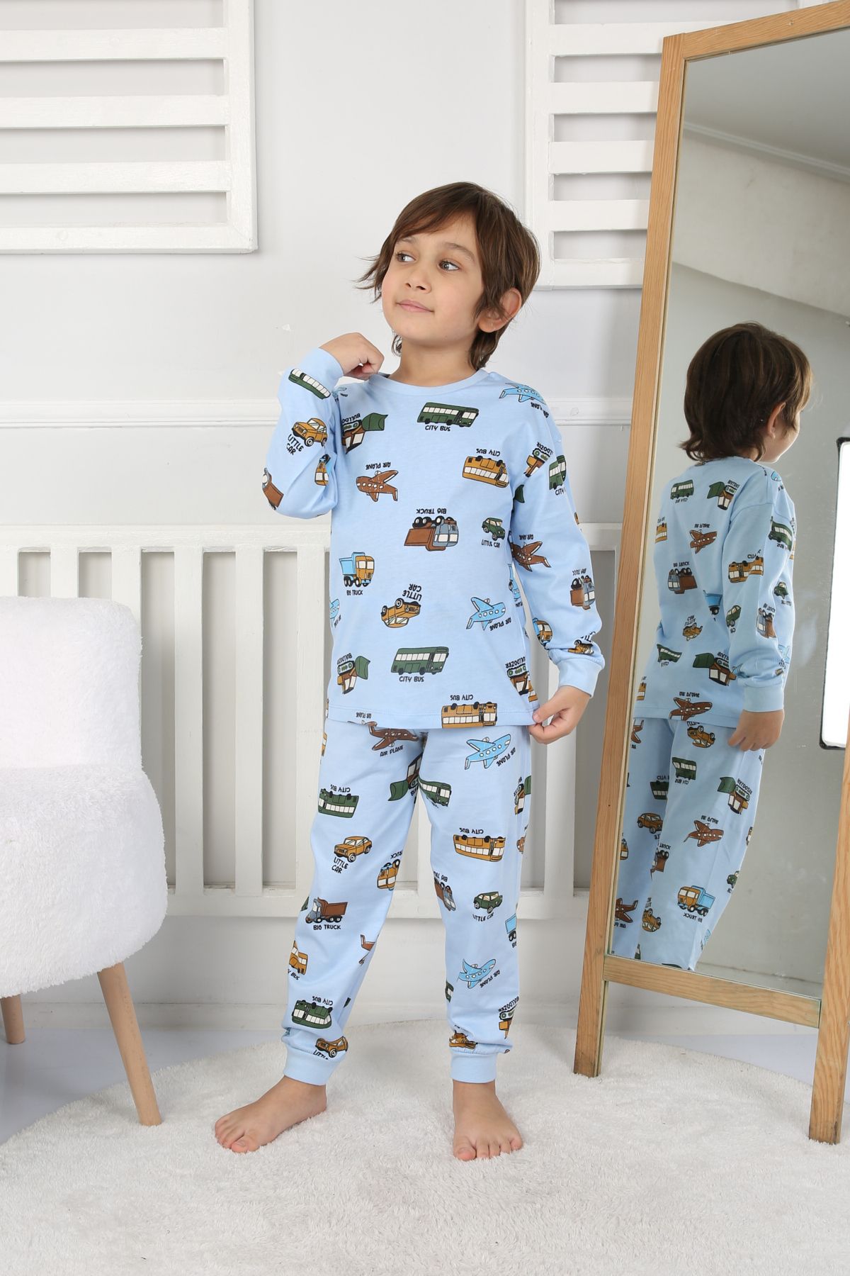Transportation Veichle Desenli Çocuk Pijama Takımı (Alt-Üst) Bej 3-8 Yaş