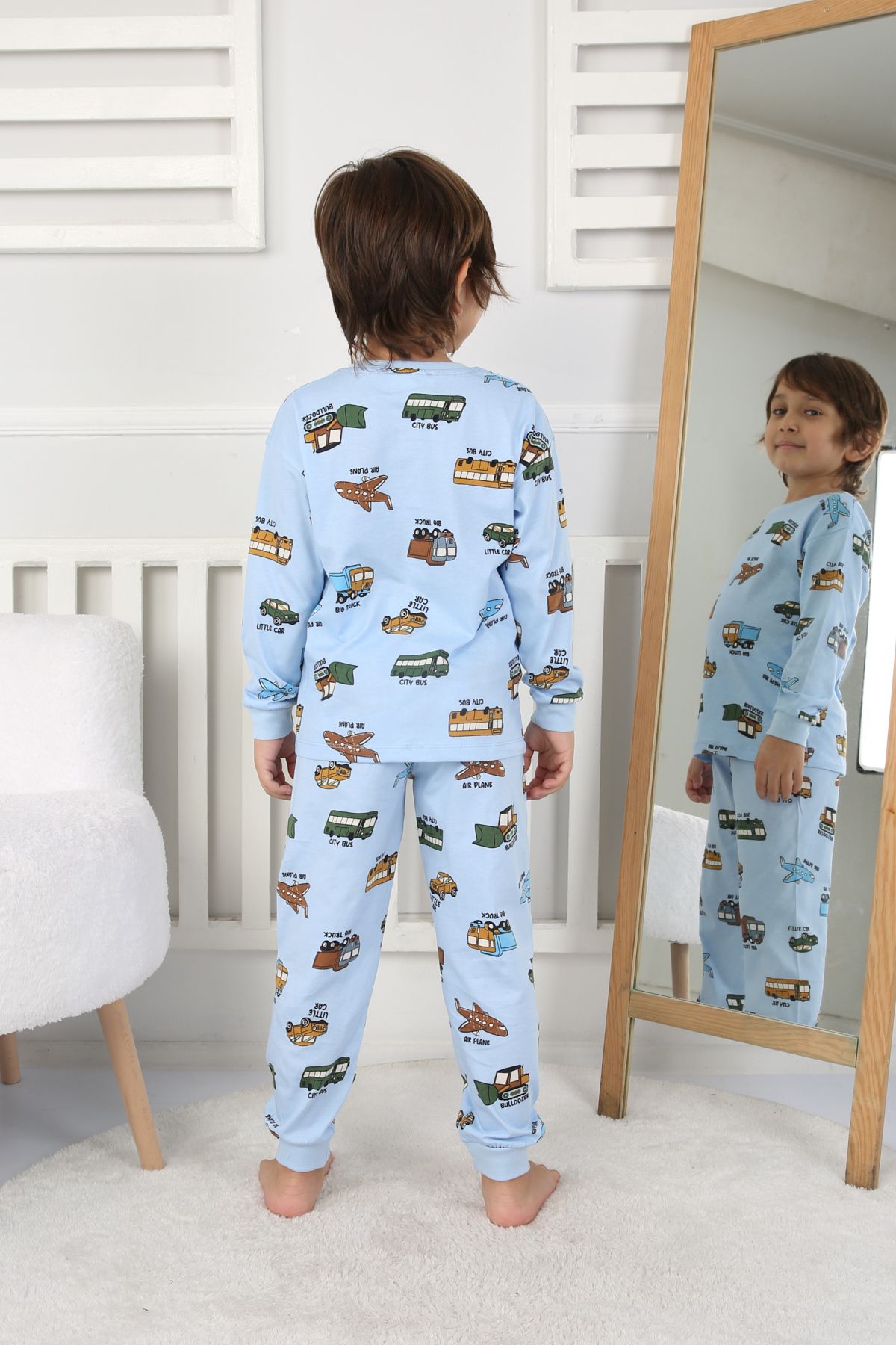 Transportation Veichle Desenli Çocuk Pijama Takımı (Alt-Üst) Bej 3-8 Yaş