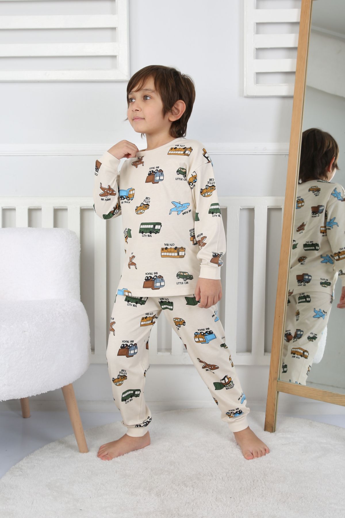 Transportation Veichle Desenli Çocuk Pijama Takımı (Alt-Üst) Bej 3-8 Yaş