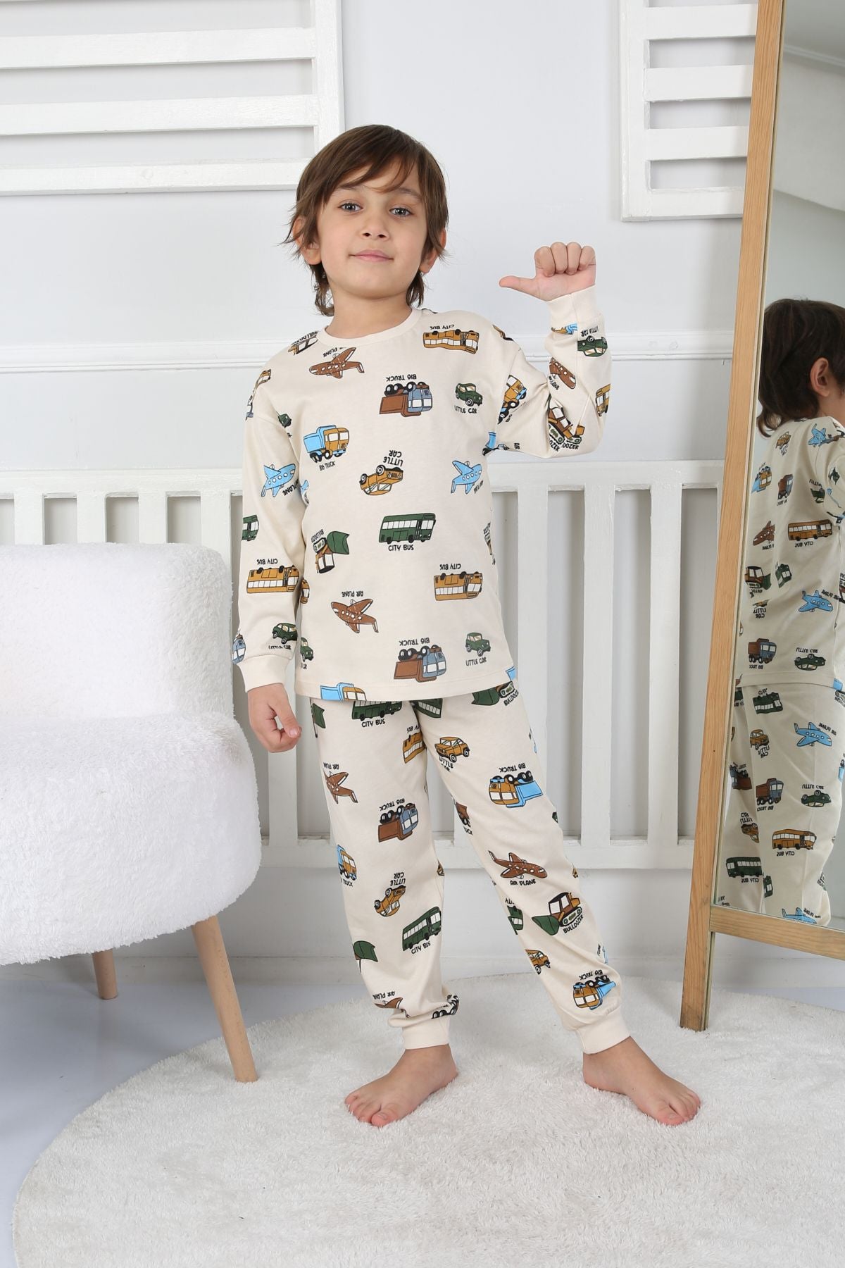 Transportation Veichle Desenli Çocuk Pijama Takımı (Alt-Üst) Bej 3-8 Yaş