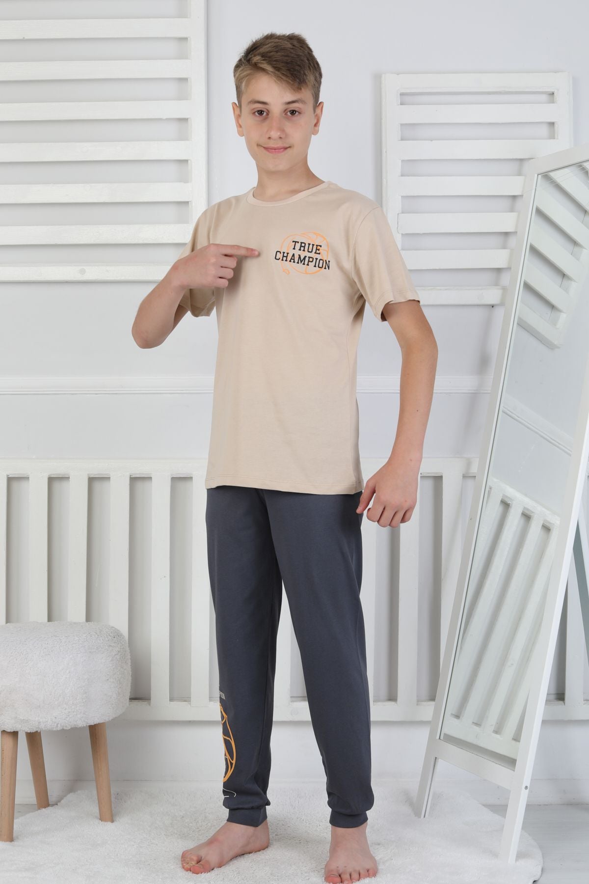 True Champion Basketbol Baskılı Kısa Kol Erkek Çocuk Pijama Takımı