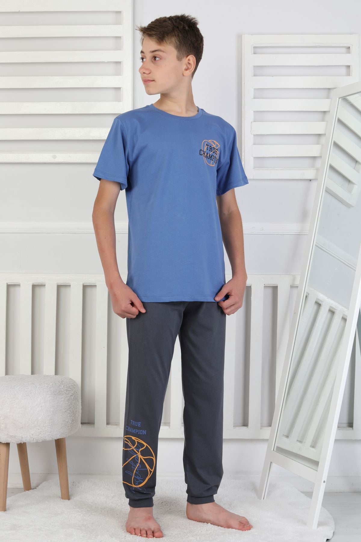 True Champion Basketbol Baskılı Kısa Kol Erkek Çocuk Pijama Takımı