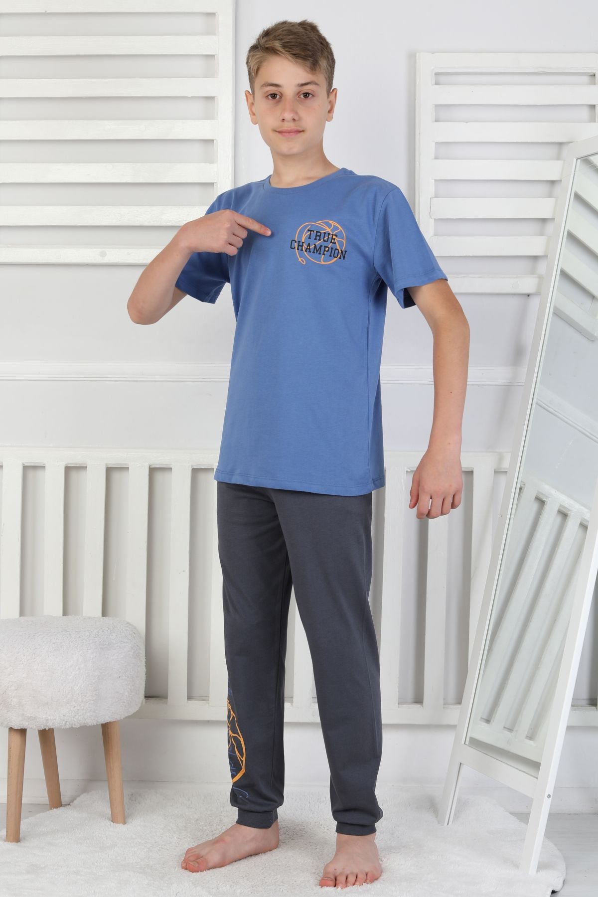 True Champion Basketbol Baskılı Kısa Kol Erkek Çocuk Pijama Takımı