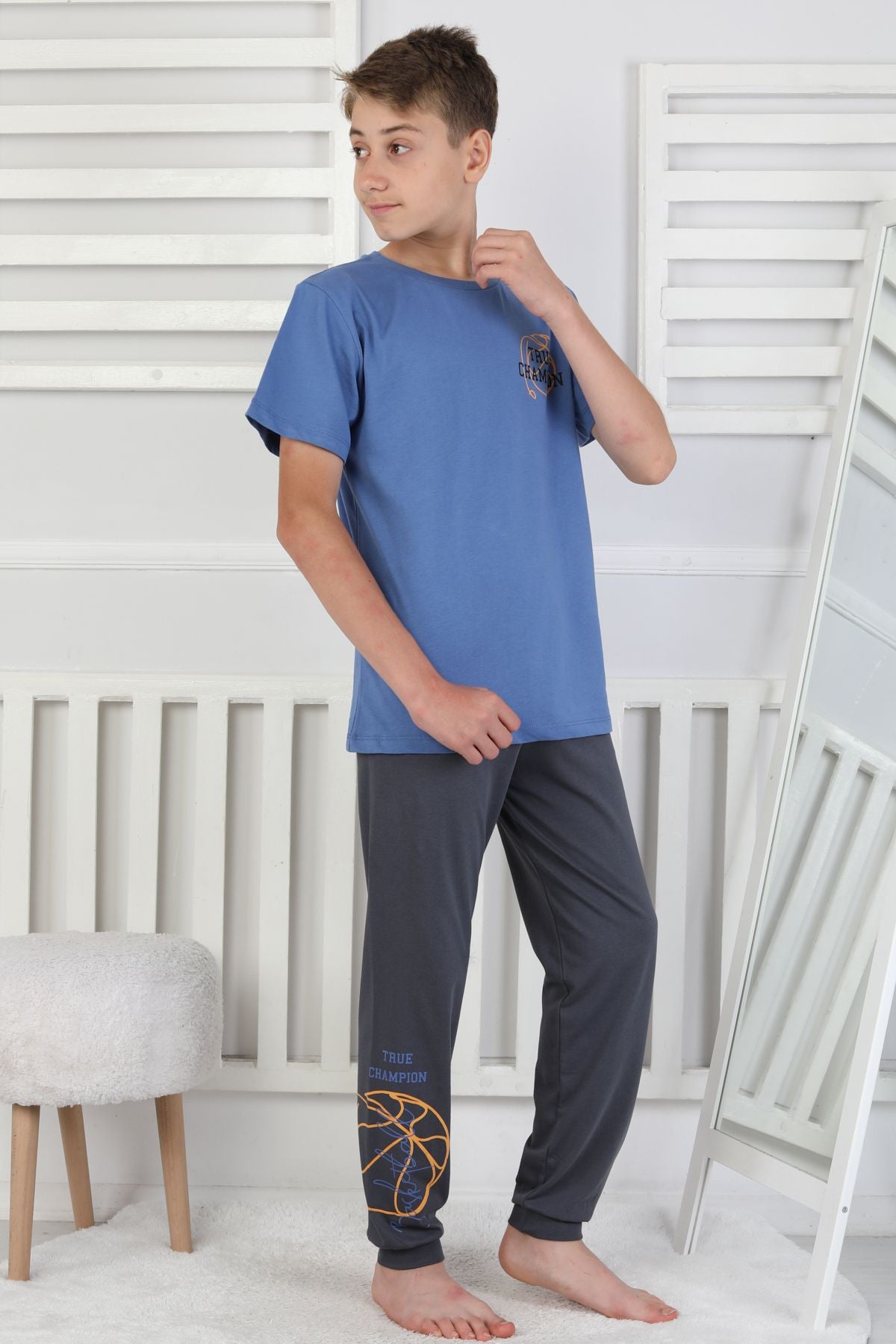 True Champion Basketbol Baskılı Kısa Kol Erkek Çocuk Pijama Takımı