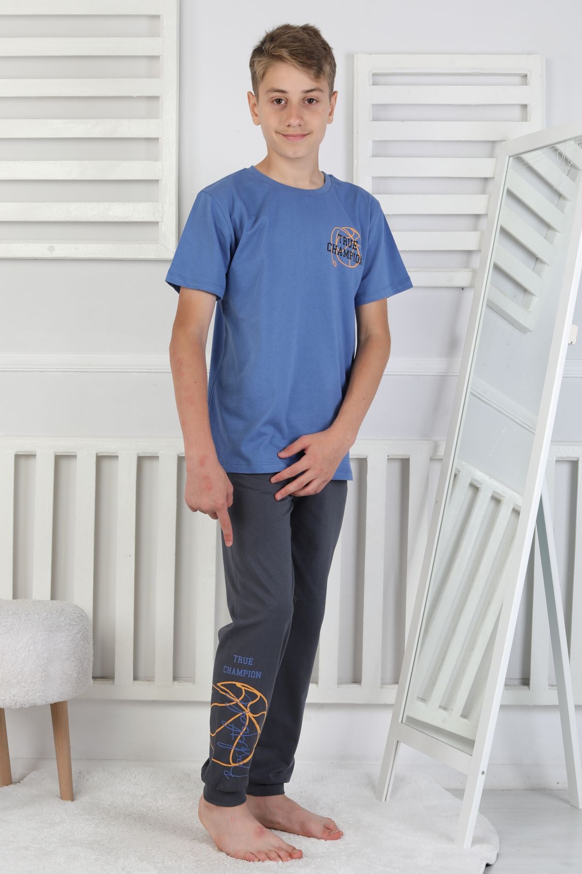 True Champion Basketbol Baskılı Kısa Kol Erkek Çocuk Pijama Takımı