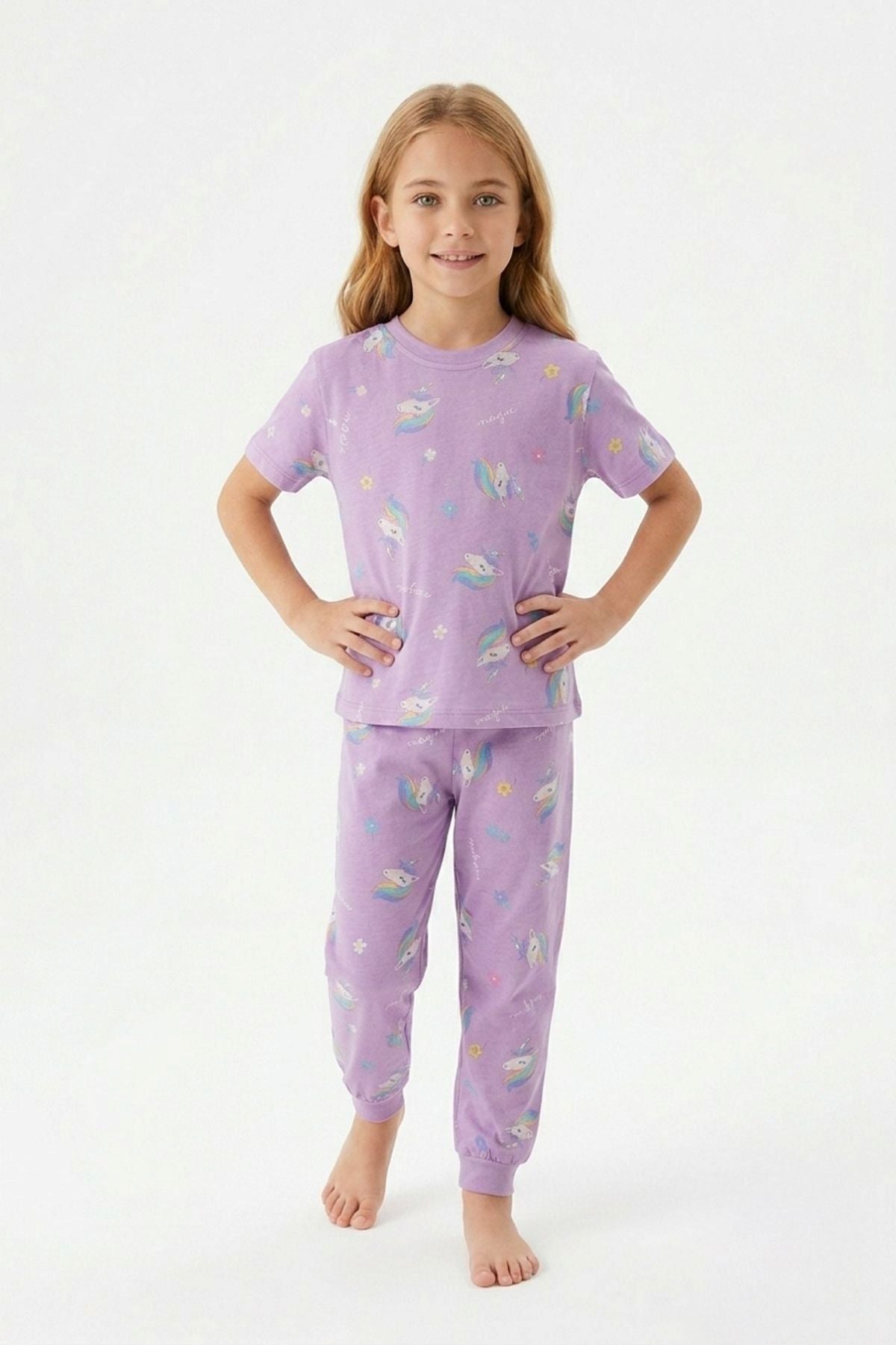 Unicorn Desenli Kısa Kollu %100 Pamuk Kız Çocuğu Pijama Takımı