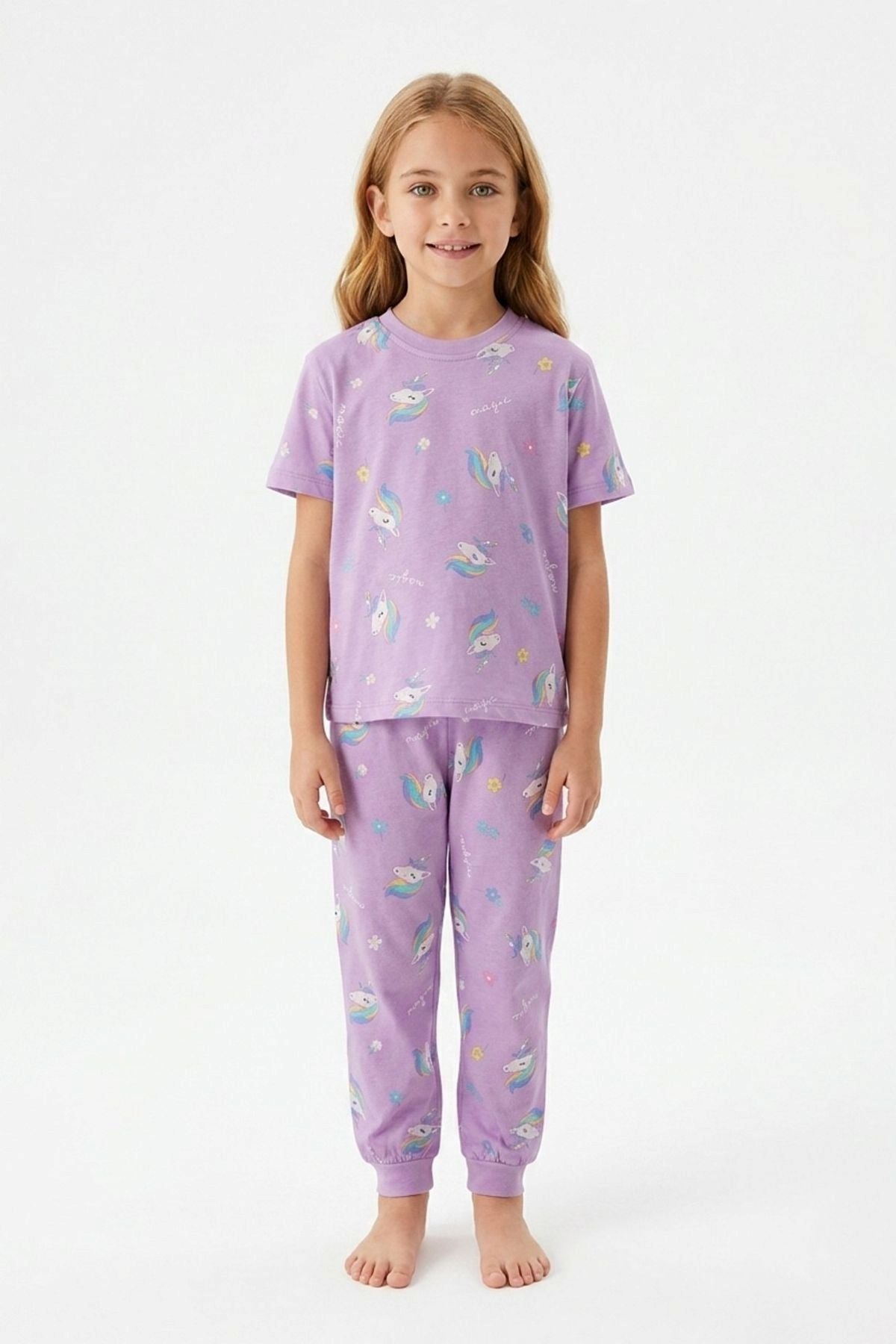 Unicorn Desenli Kısa Kollu %100 Pamuk Kız Çocuğu Pijama Takımı