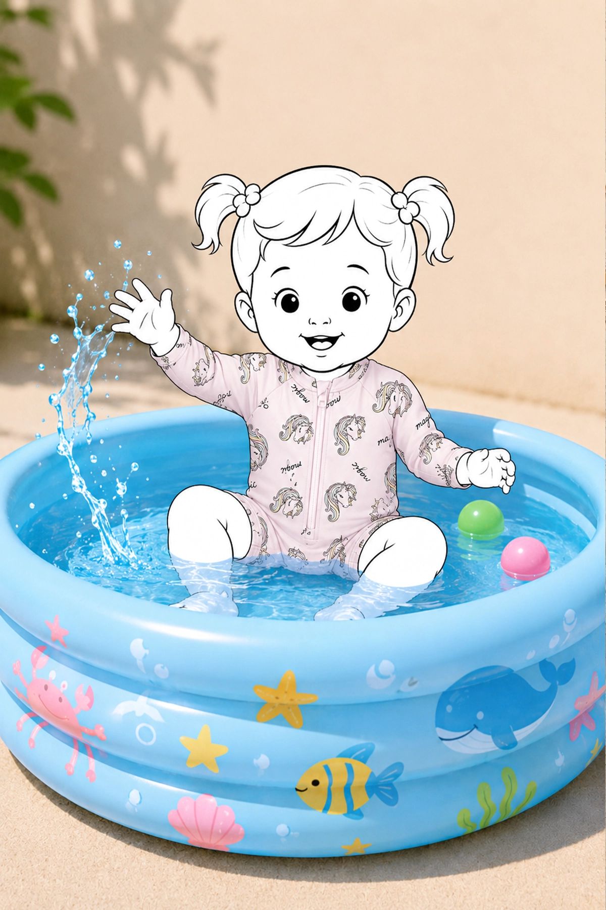 Unicorn Desenli Uzun Kollu Kız Bebek Fermuarlı Deniz Tulumu