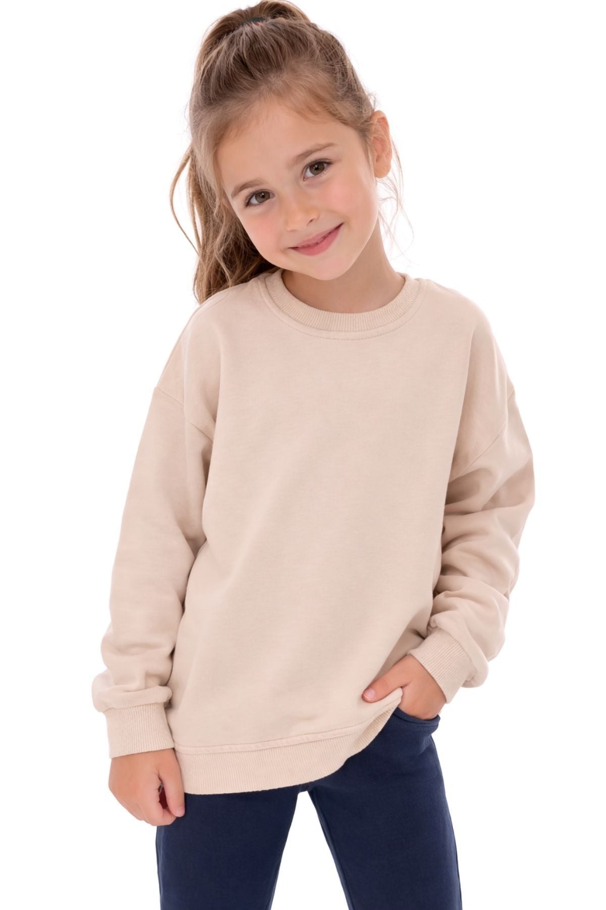 Unisex Çocuk Basic Düz Fırçalı %100 Pamuk Sweatshirt