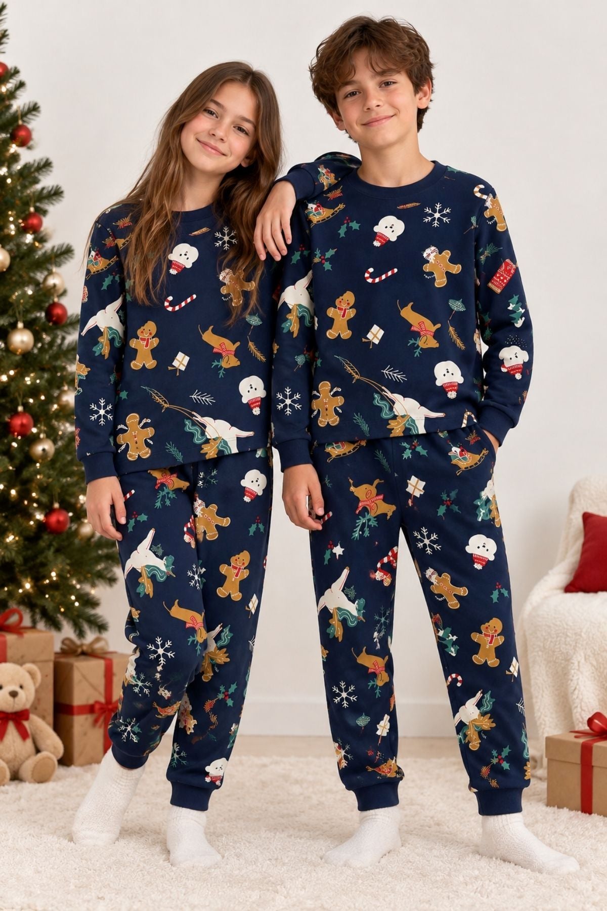 Unisex Çocuk Christmas Cookie Desenli Lacivert Pijama Takımı