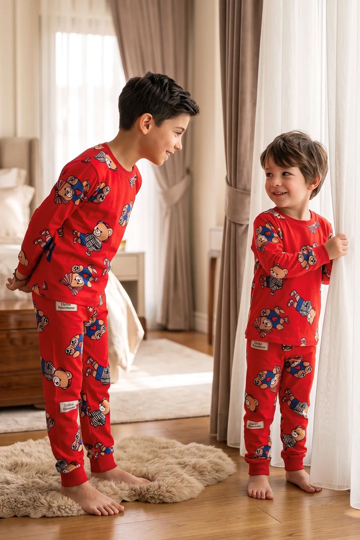 Unisex Kırmızı Renk Ayıcık Desenli Uzun Kollu Pijama Takımı
