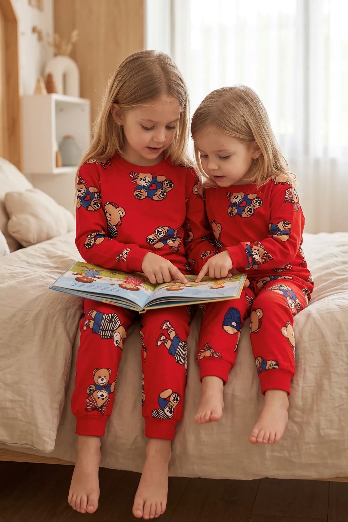 Unisex Kırmızı Renk Ayıcık Desenli Uzun Kollu Pijama Takımı