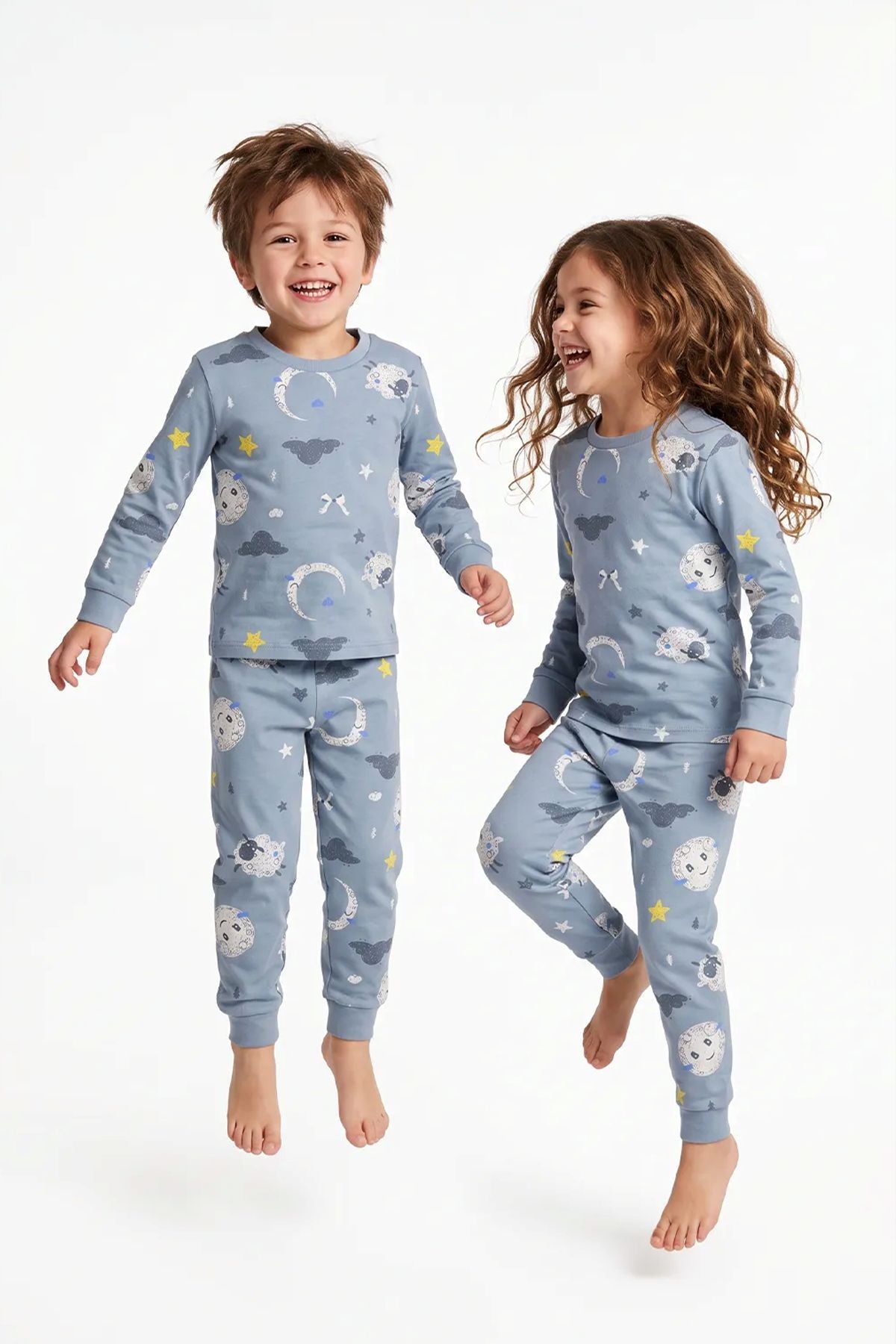 Unisex Mavi Ay ve Kuzu Desenli Uzun Kollu Pijama Takımı