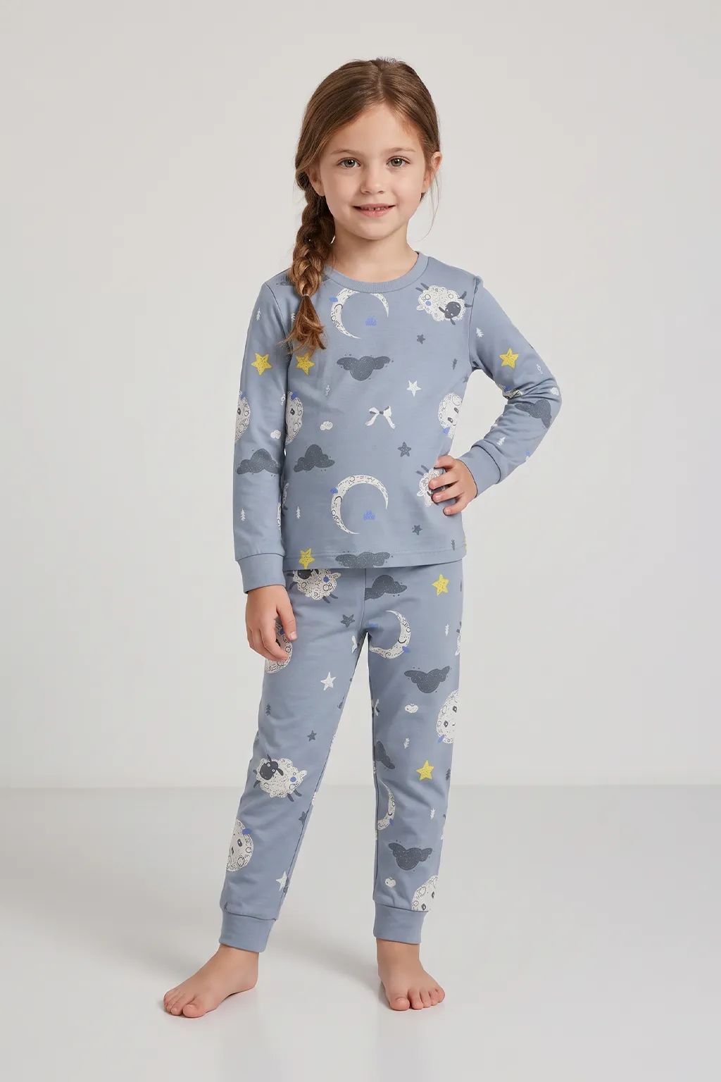 Unisex Mavi Ay ve Kuzu Desenli Uzun Kollu Pijama Takımı