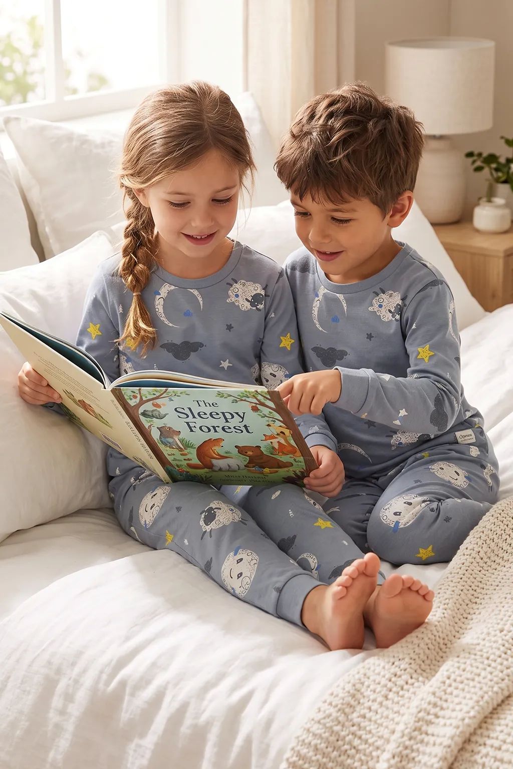 Unisex Mavi Ay ve Kuzu Desenli Uzun Kollu Pijama Takımı