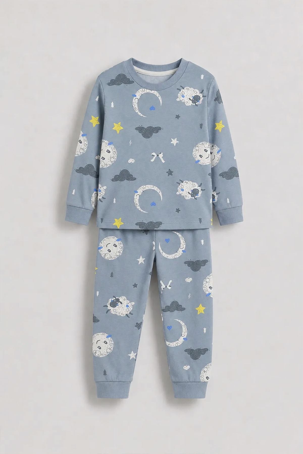 Unisex Mavi Ay ve Kuzu Desenli Uzun Kollu Pijama Takımı