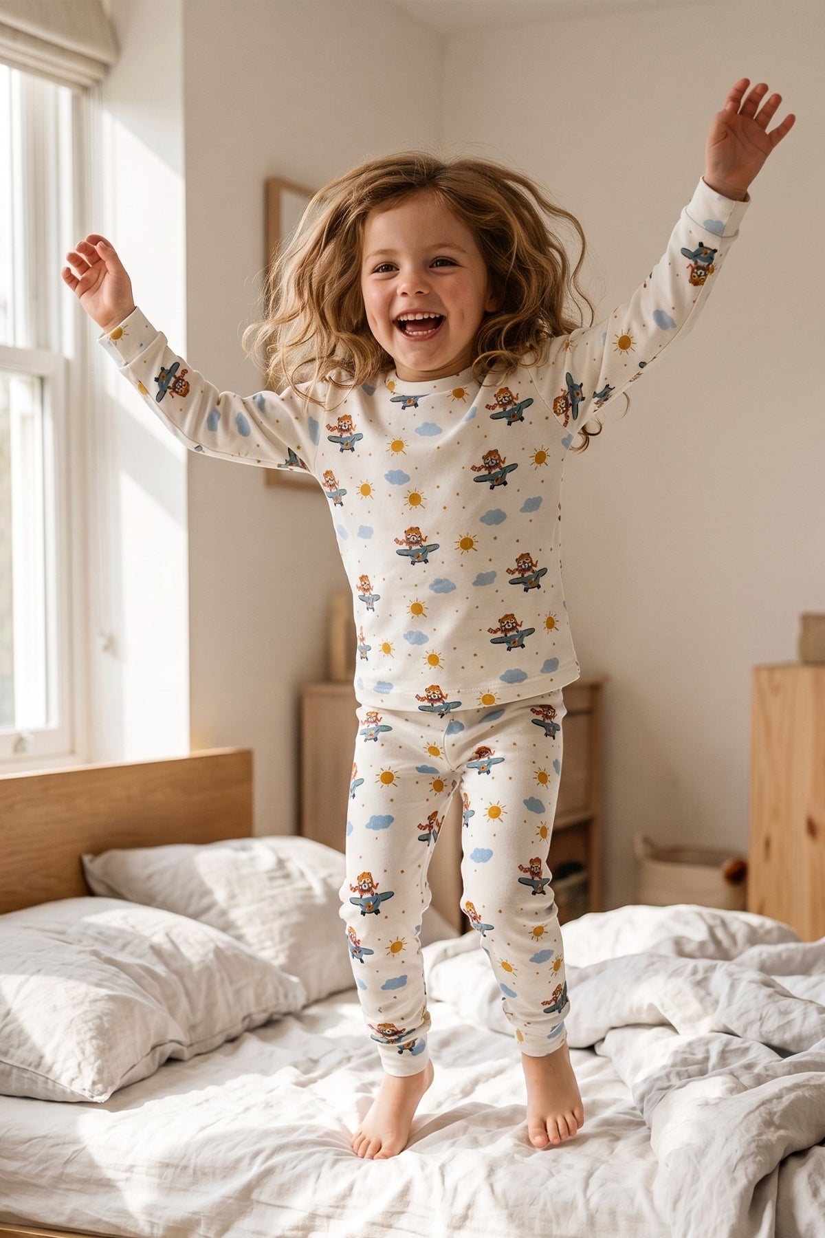 Unisex Sevimli Uçan Ayı Desenli Çocuk Pijama Takımı