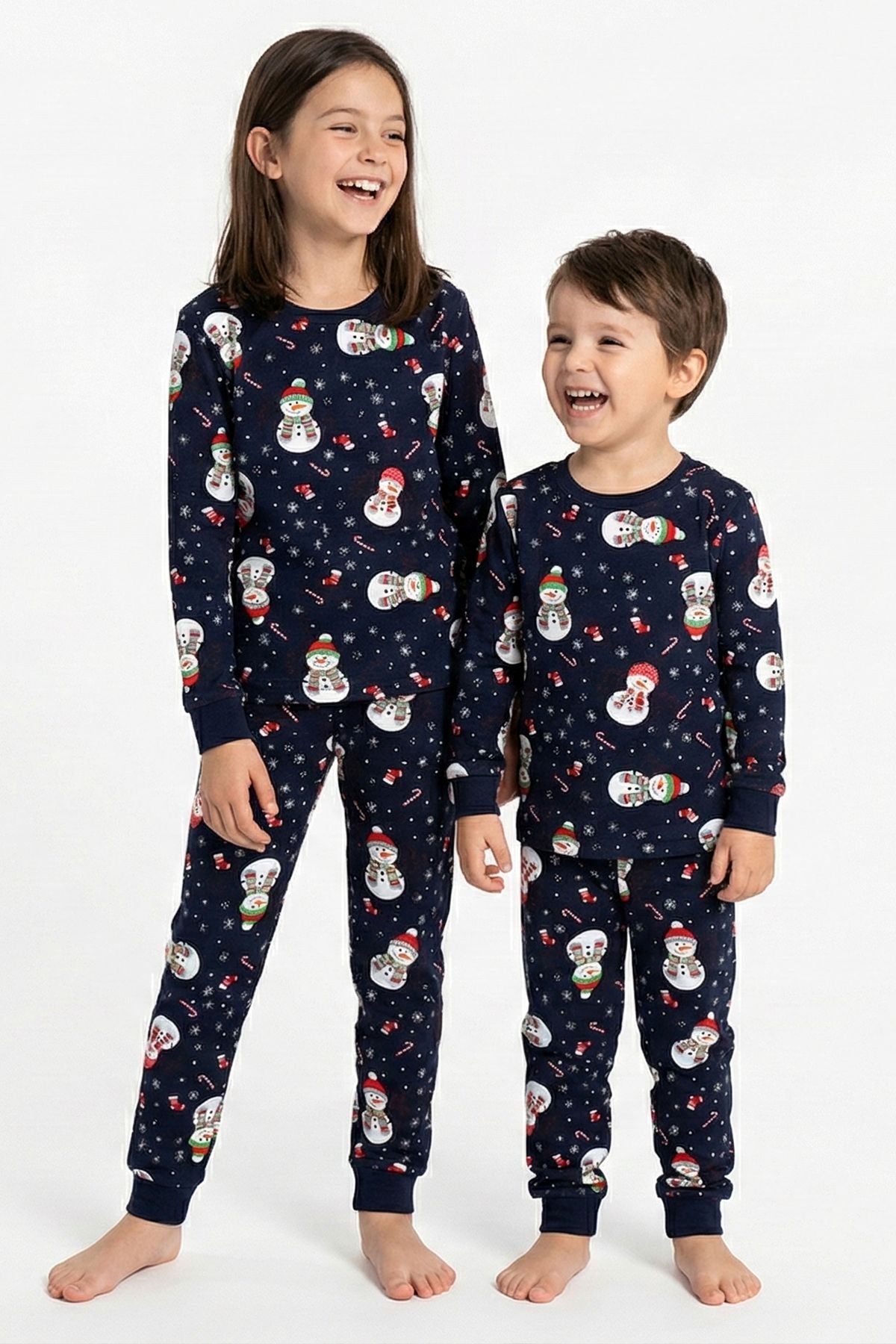 Unisex Yılbaşı Kardan Adam Desenli Çocuk Pijama Takımı