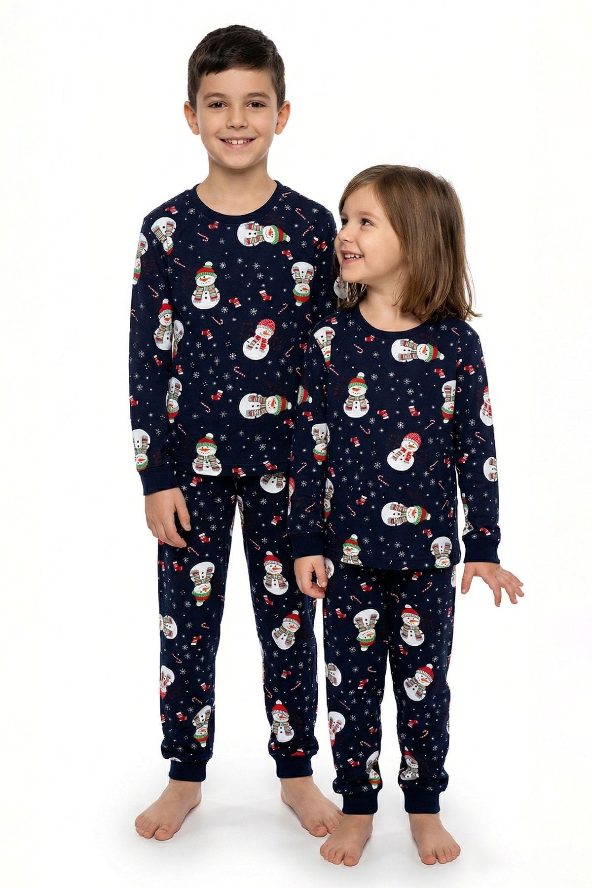 Unisex Yılbaşı Kardan Adam Desenli Çocuk Pijama Takımı