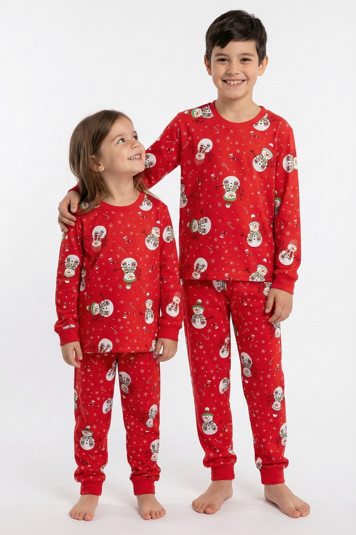 Unisex Yılbaşı Kardan Adam Desenli Çocuk Pijama Takımı
