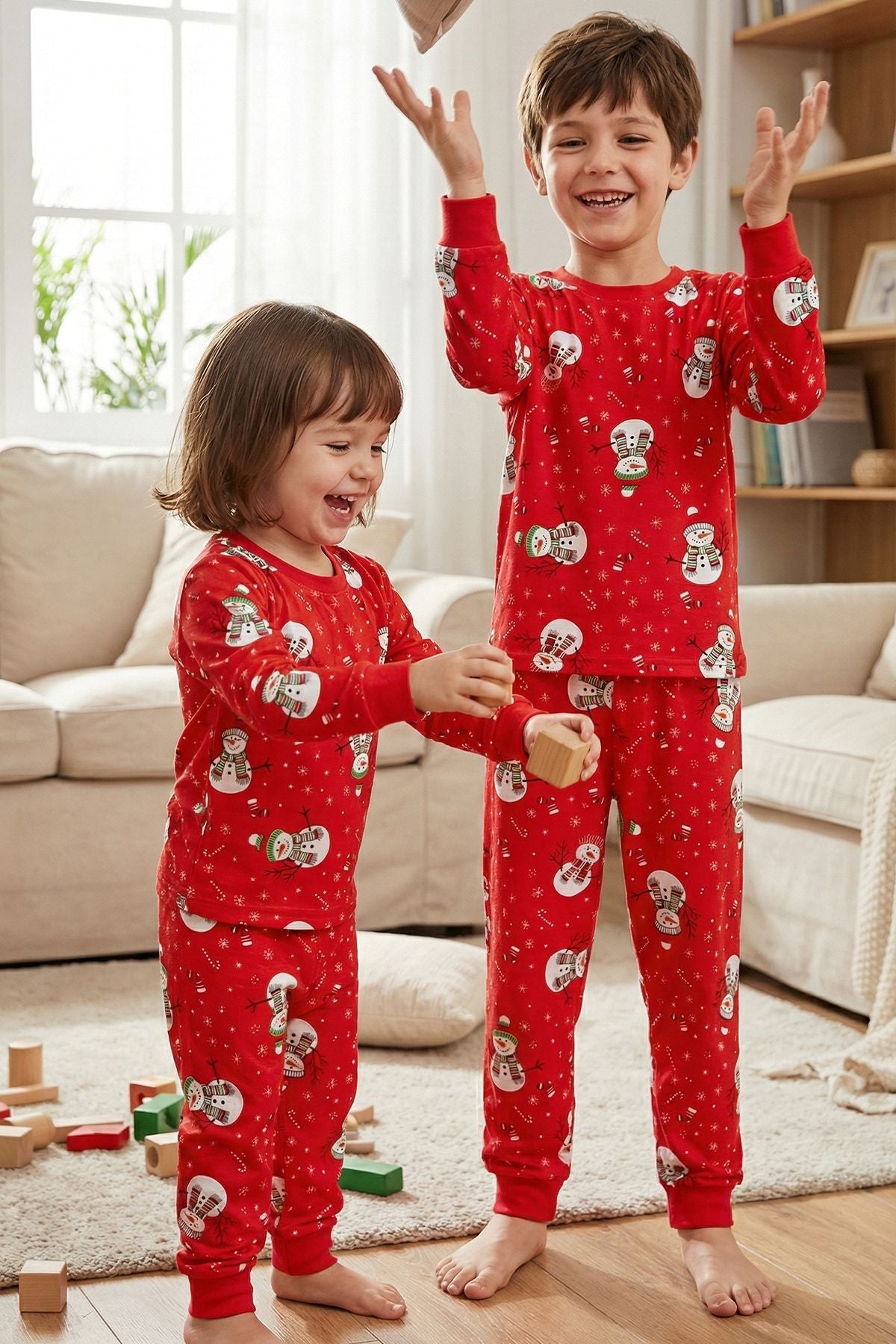 Unisex Yılbaşı Kardan Adam Desenli Çocuk Pijama Takımı