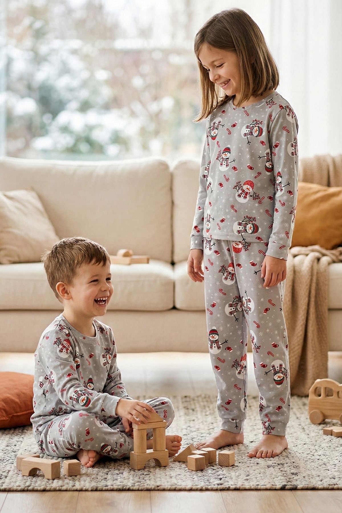 Unisex Yılbaşı Temalı Cute Kardan Adam Desenli Çocuk Pijama Takımı