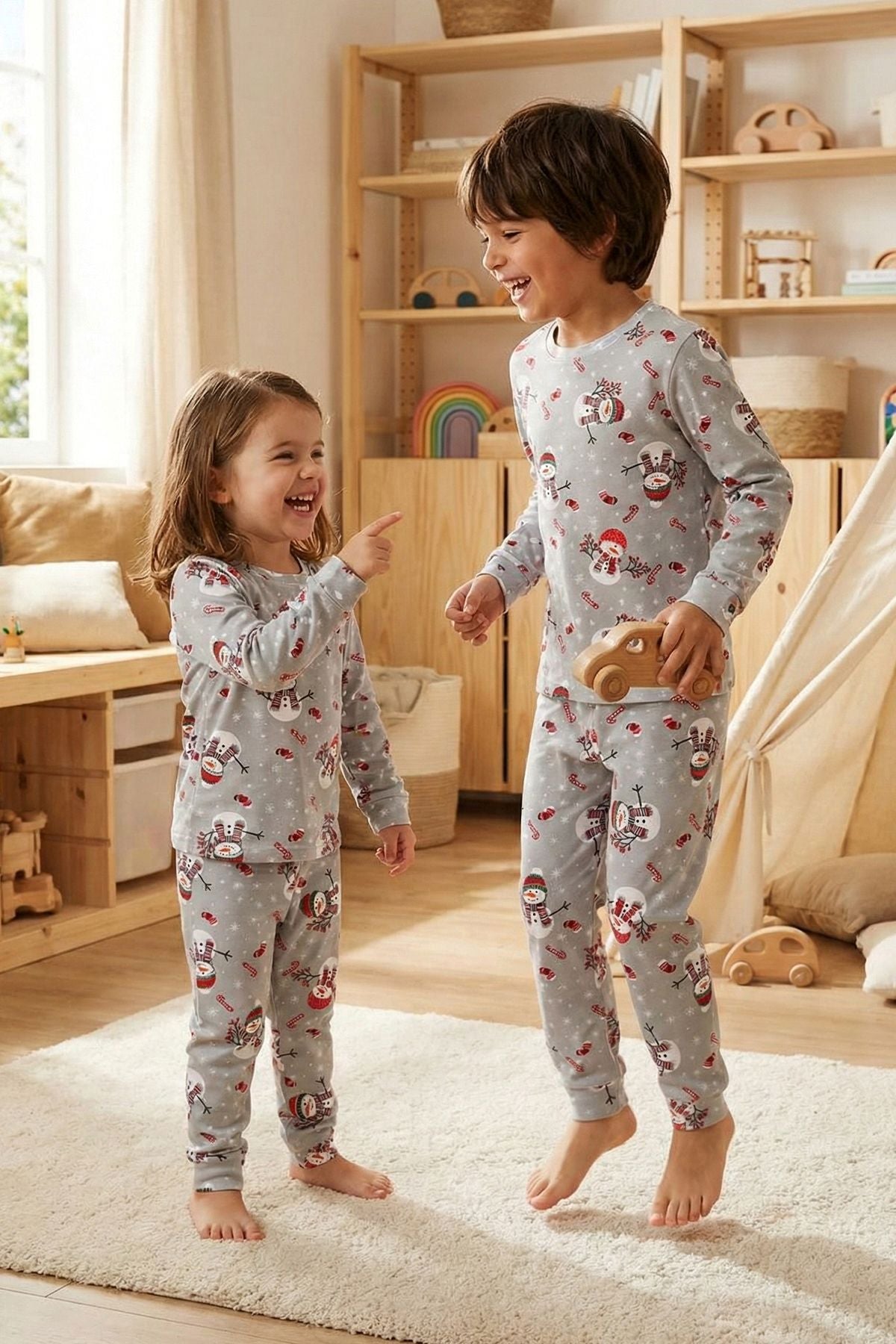 Unisex Yılbaşı Temalı Cute Kardan Adam Desenli Çocuk Pijama Takımı