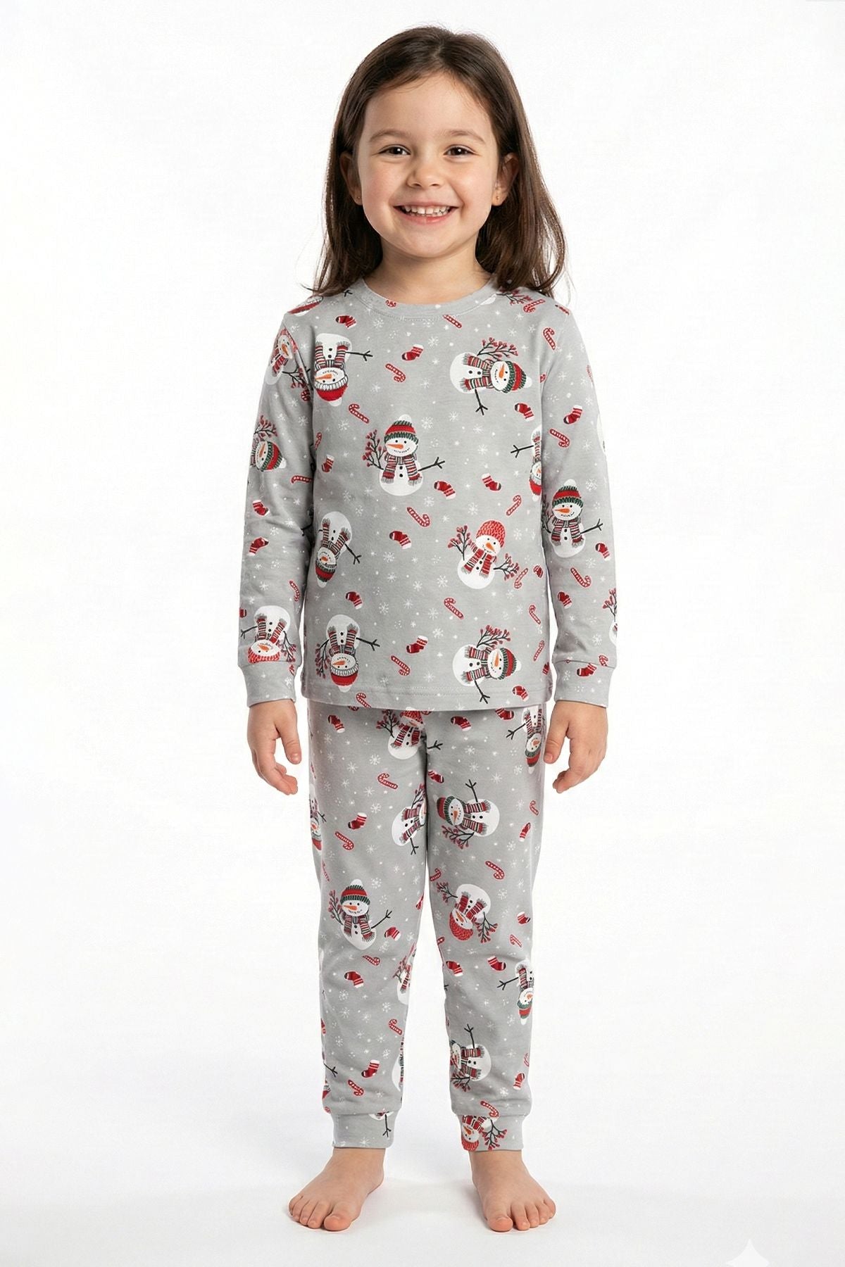 Unisex Yılbaşı Temalı Cute Kardan Adam Desenli Çocuk Pijama Takımı