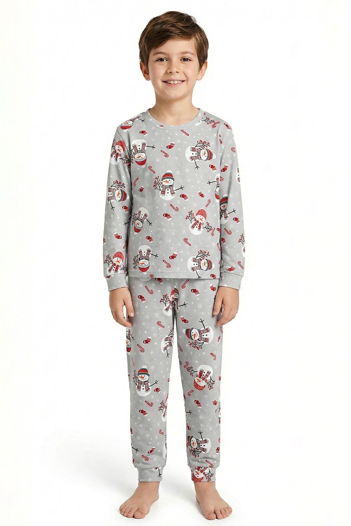 Unisex Yılbaşı Temalı Cute Kardan Adam Desenli Çocuk Pijama Takımı