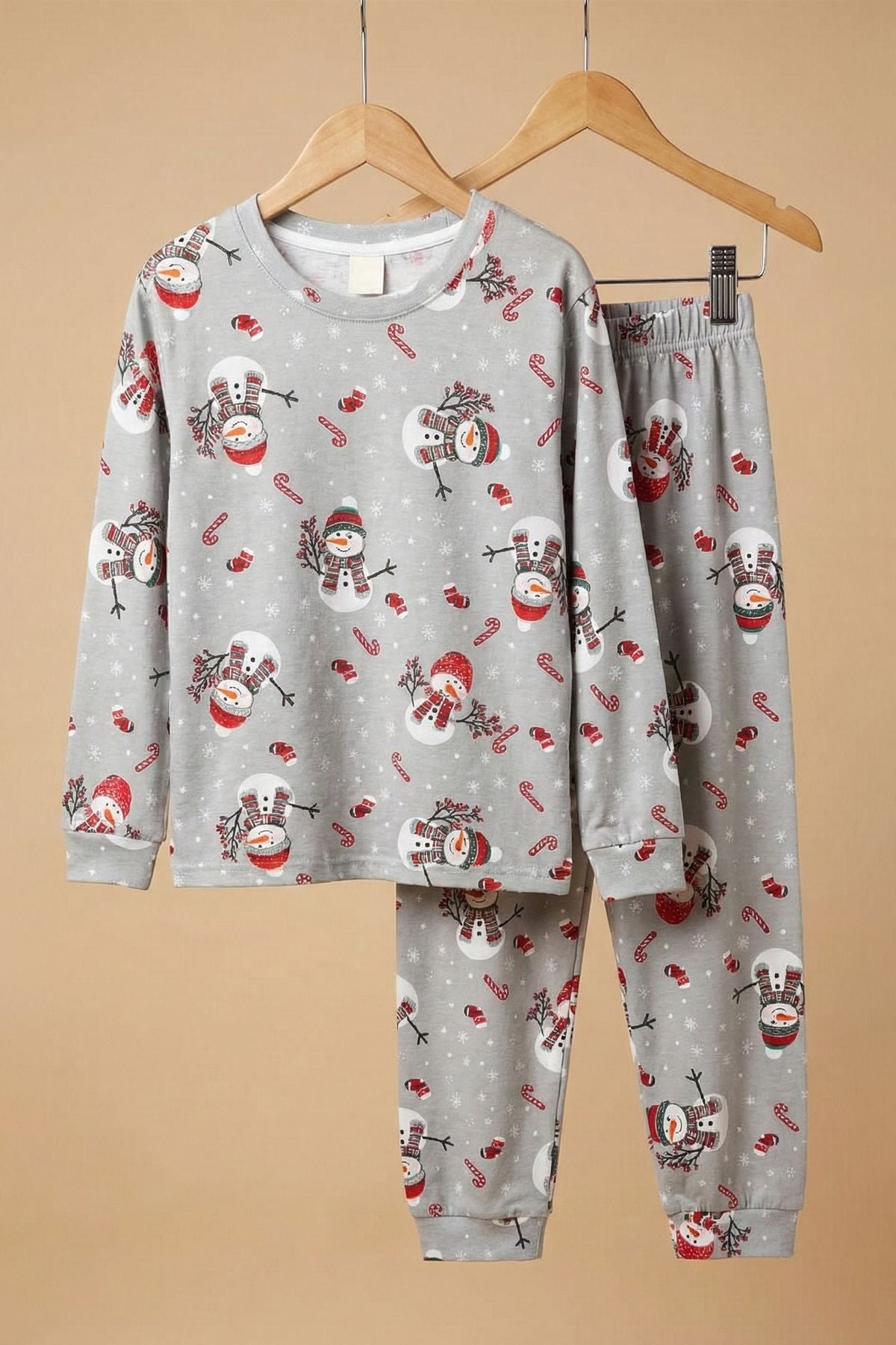 Unisex Yılbaşı Temalı Cute Kardan Adam Desenli Çocuk Pijama Takımı