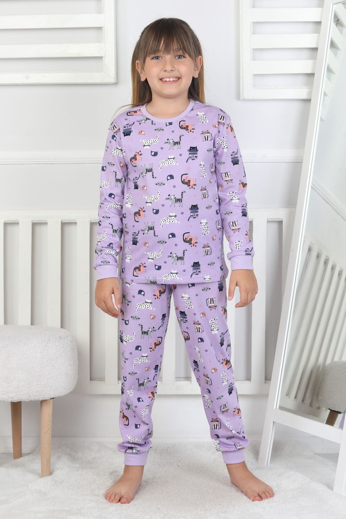 Uzun Kollu Cute Cat Desenli Kız Çocuk Pijama Takımı