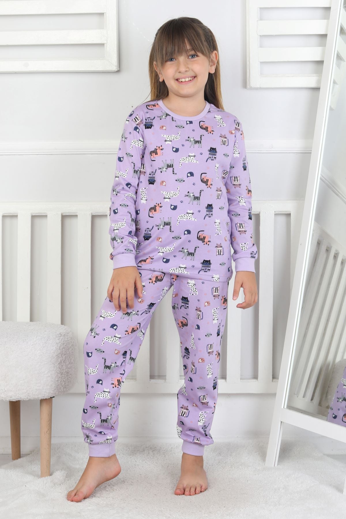Uzun Kollu Cute Cat Desenli Kız Çocuk Pijama Takımı