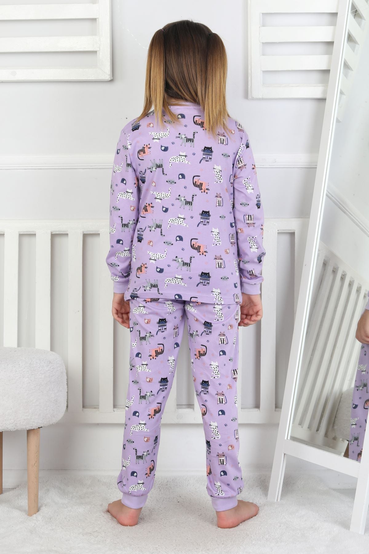 Uzun Kollu Cute Cat Desenli Kız Çocuk Pijama Takımı
