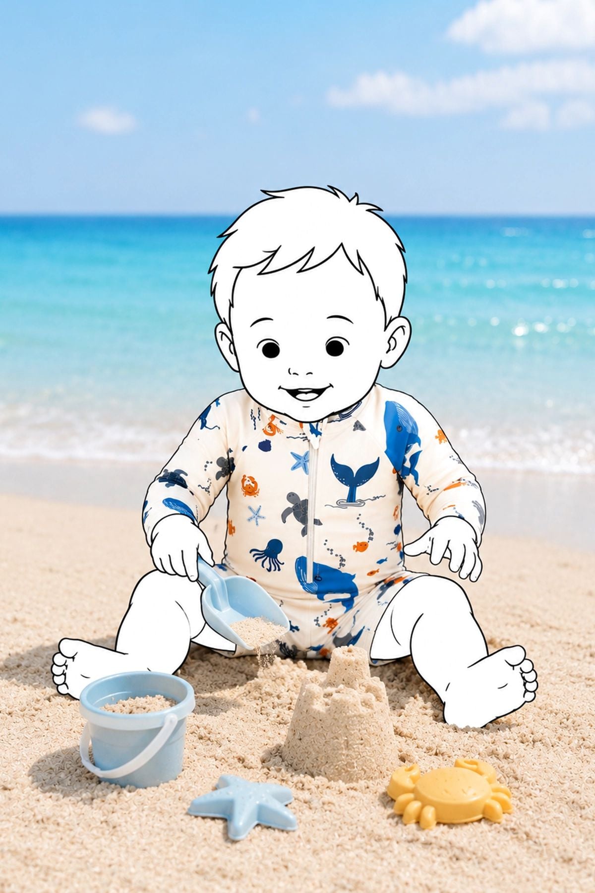 Uzun Kollu Okyanus Temalı Erkek Bebek Tulum Mayo