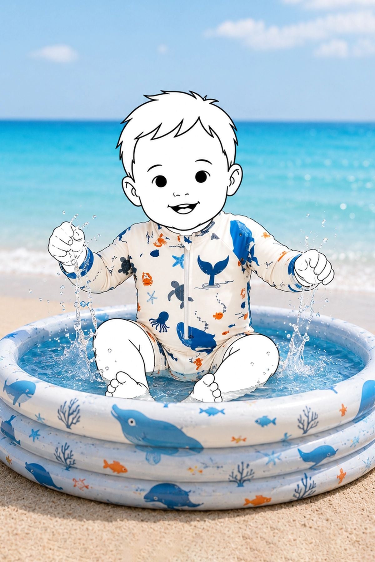Uzun Kollu Okyanus Temalı Erkek Bebek Tulum Mayo
