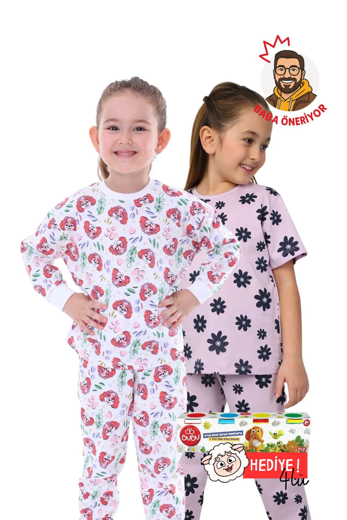 2'Lİ BABA ETİKETLİ PAW SKEY VE KISA KOLLU ÇİÇEK DESENLİ KIZ ÇOCUK PİJAMA TAKIMLARI