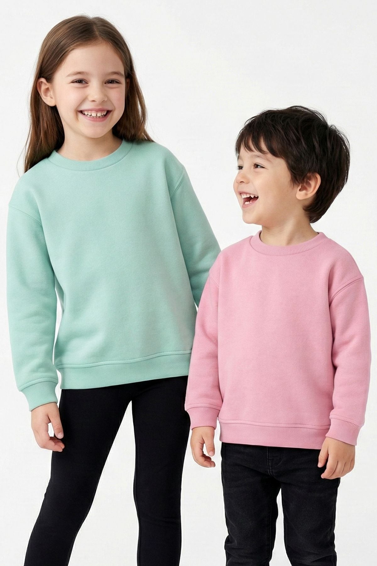 2'Li Basic Şardonlu Çocuk Sweatshirt Su Yeşili - Pudra