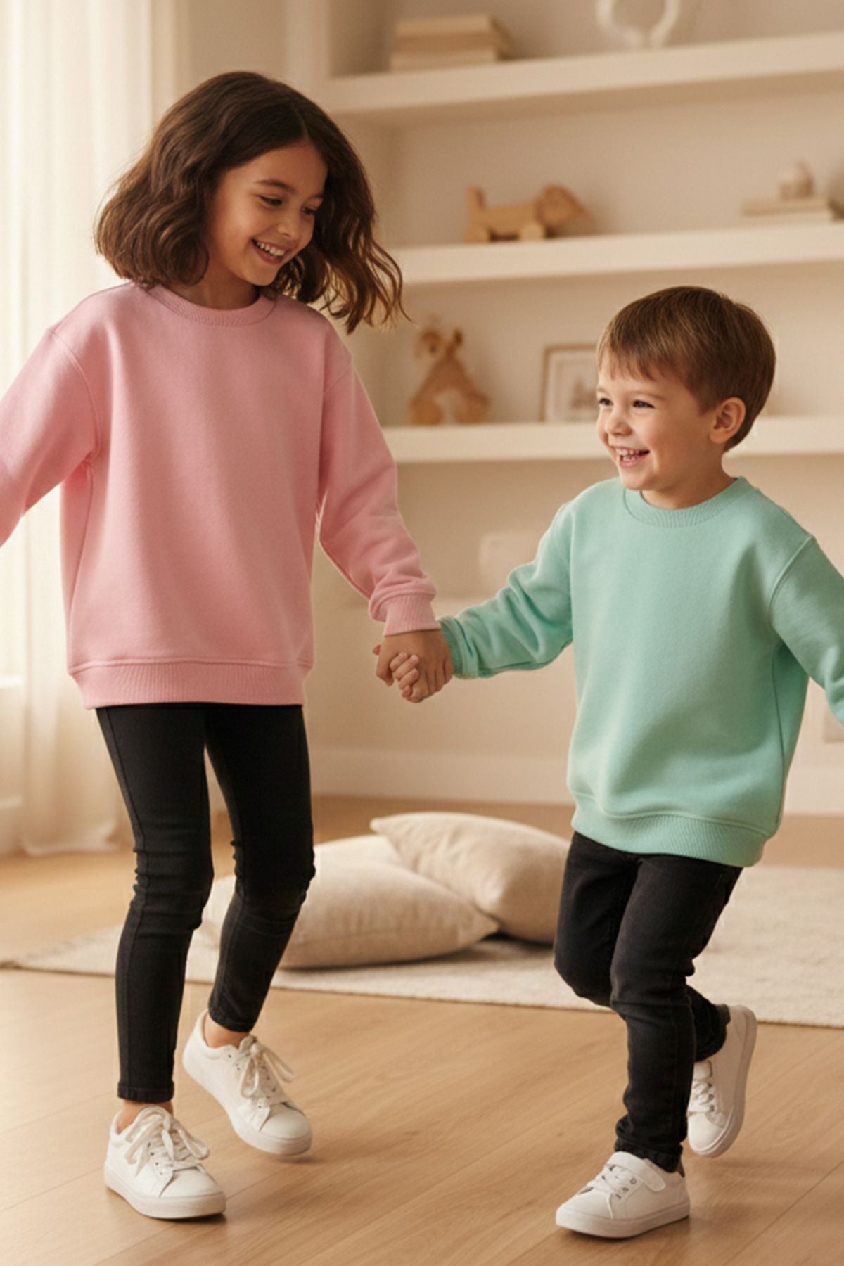 2'Li Basic Şardonlu Çocuk Sweatshirt Su Yeşili - Pudra