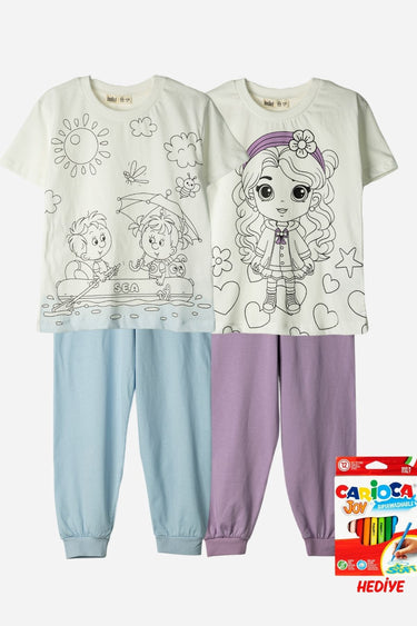 2'Li Unisex Boyamalı Pijama Takımı (12'Li Boya Kalemi Hediyeli)