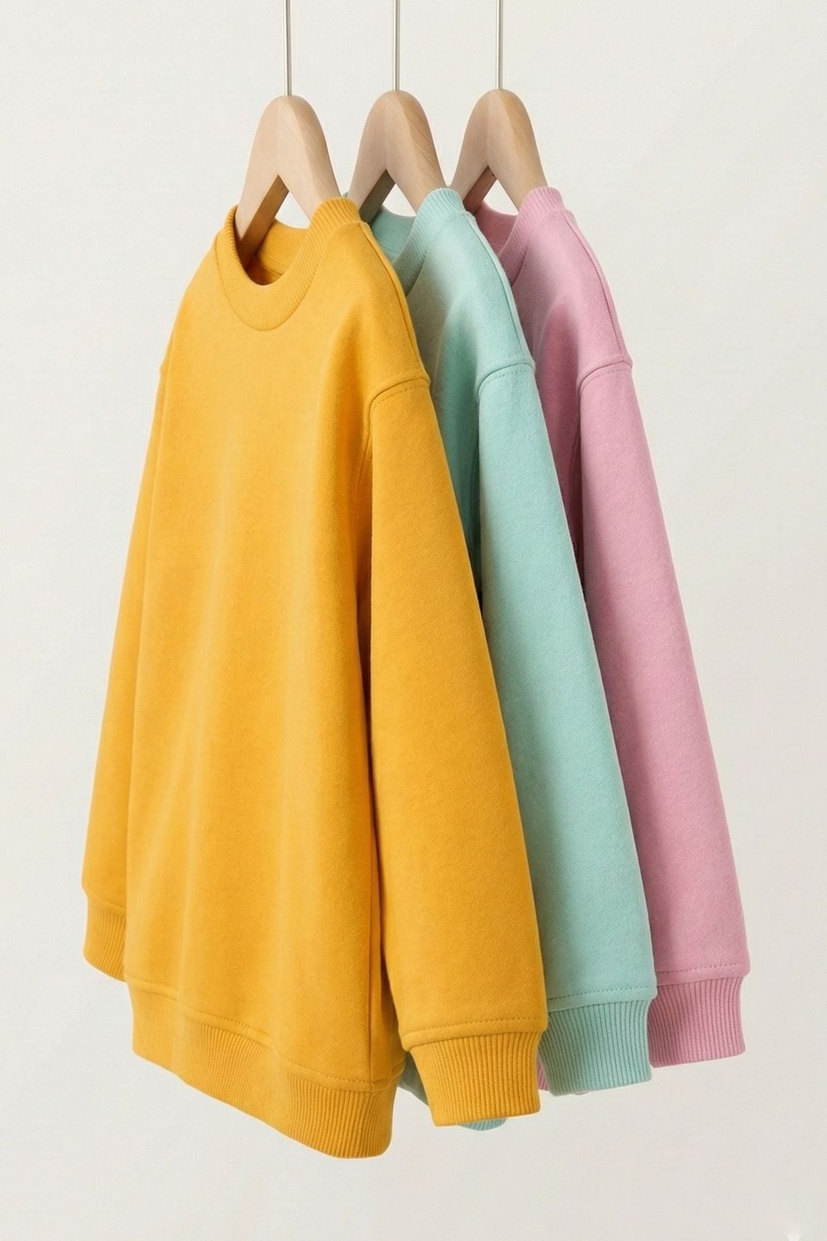 3'Lü Basic Şardonlu Çocuk Sweatshirt Su Yeşili - Hardal - Pudra