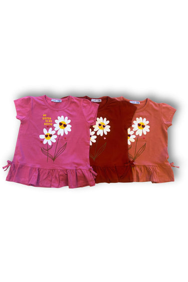 3'LüCute My Sister İs My Bestie Baskılı Papatya T-Shirt ( Pembe - Kırmızı - Somon )