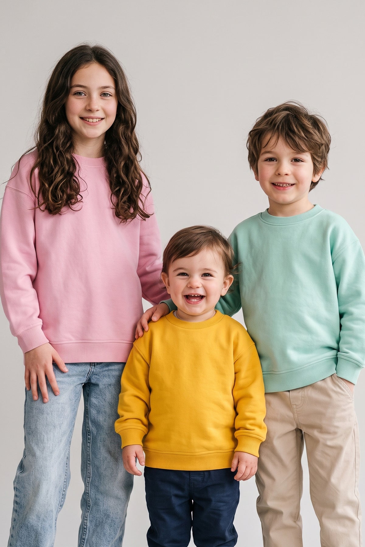 3'Lü Basic Şardonlu Çocuk Sweatshirt Su Yeşili - Hardal - Pudra