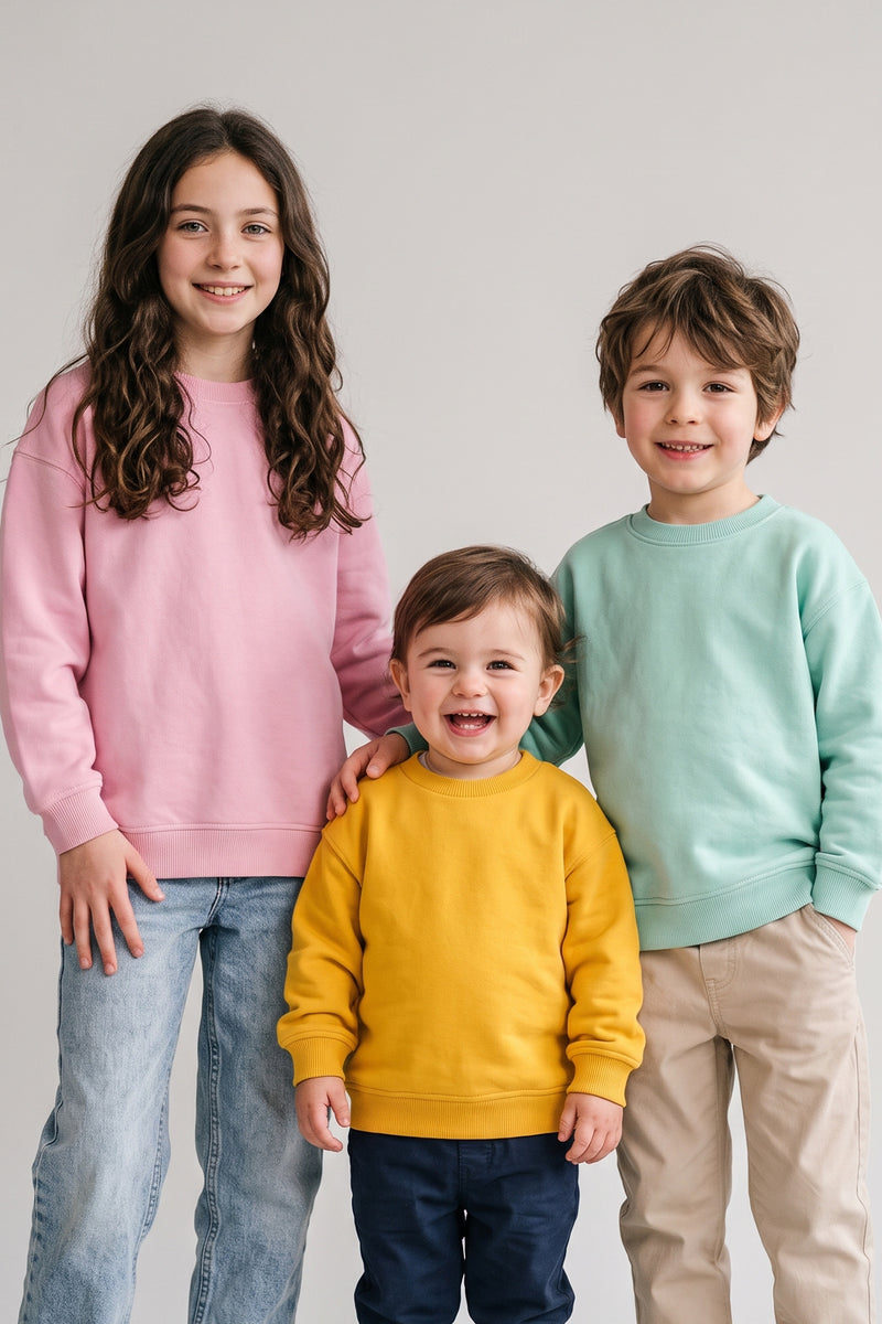 3'Lü Basic Şardonlu Çocuk Sweatshirt Su Yeşili - Hardal - Pudra