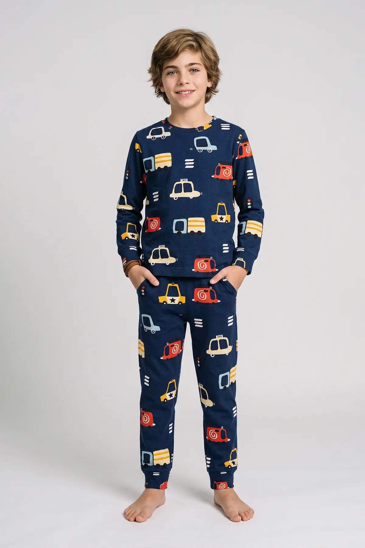 Araba Desenli %100 Pamuk Süprem Kumaş Erkek Bebek - Çocuk Pijama Takımı
