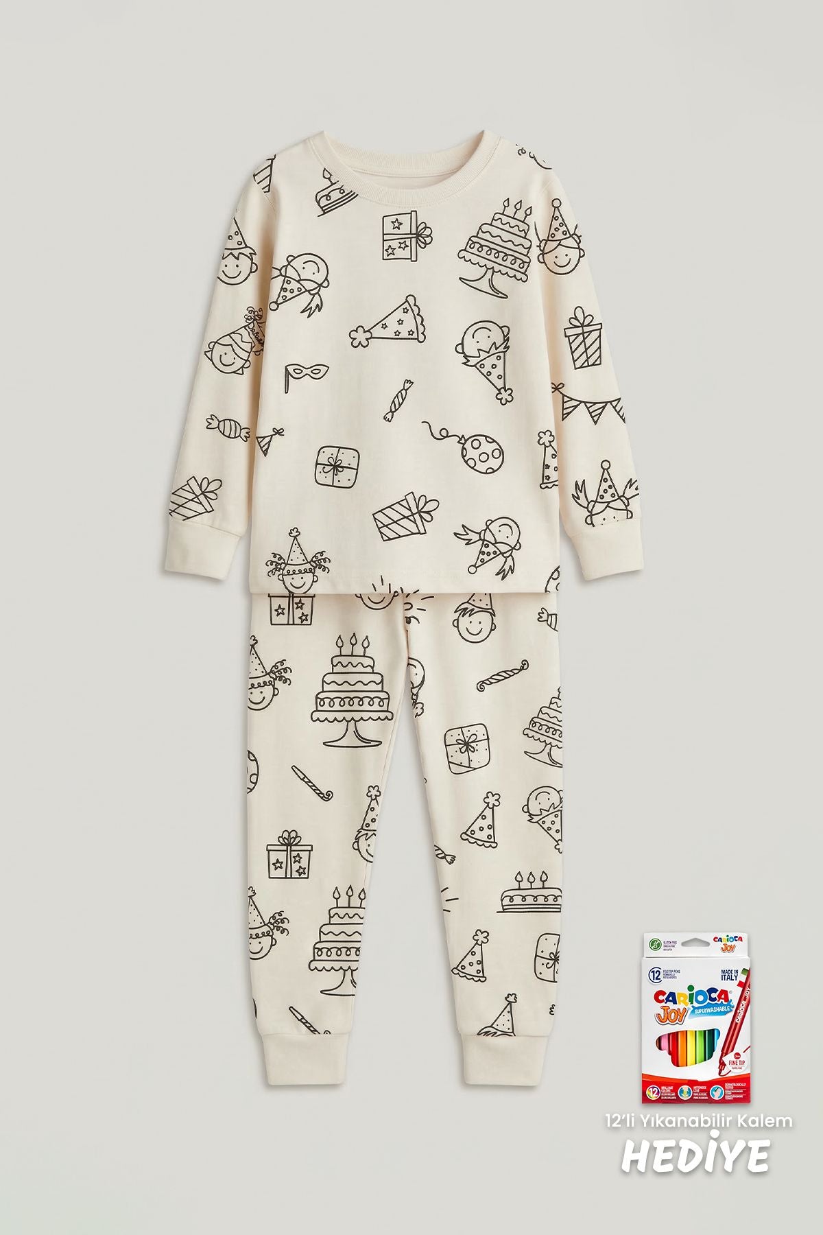Boyanabilir Doğum Günü Temalı Çocuk Pijama Takımı – Yıkanabilir 12-Li Kalem Hediyeli